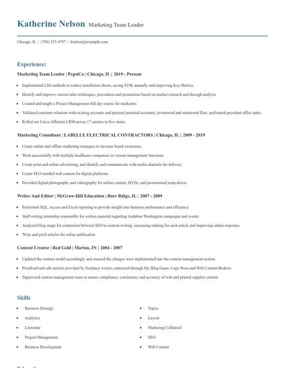 Marketing Team Leader Resume