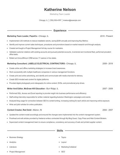 Marketing Team Leader Resume