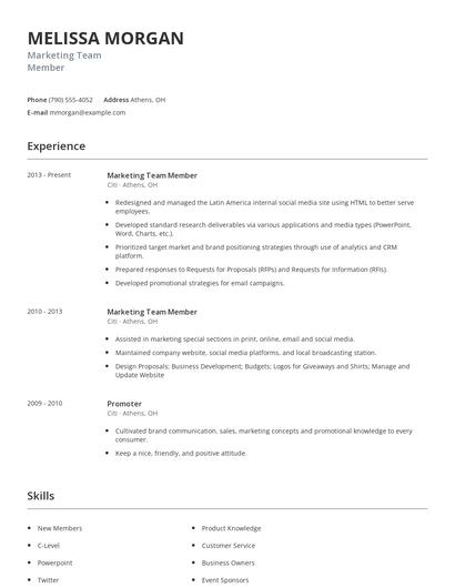 Marketing Team Member Resume