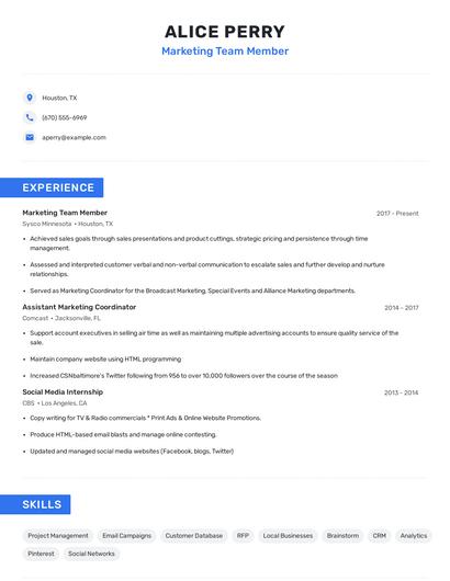 Marketing Team Member Resume