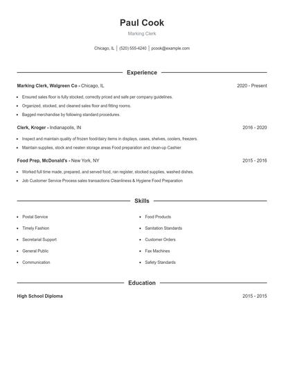 Marking Clerk Resume