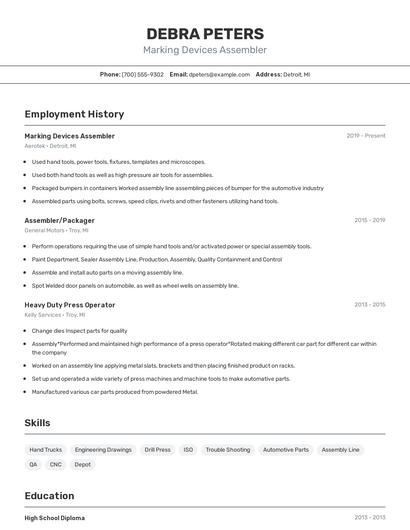 Marking Devices Assembler Resume