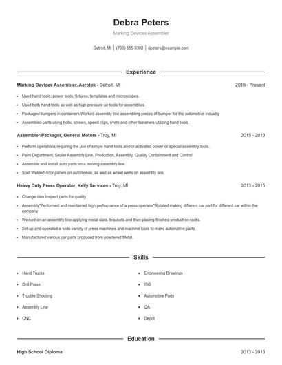 Marking Devices Assembler Resume