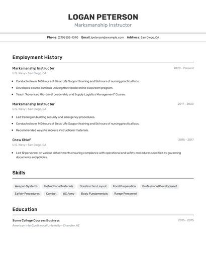 Marksmanship Instructor Resume