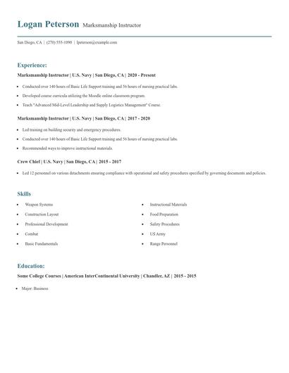 Marksmanship Instructor Resume