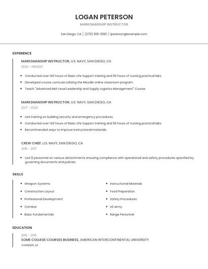 Marksmanship Instructor Resume