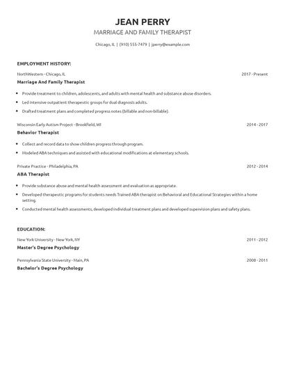 Marriage And Family Therapist Resume