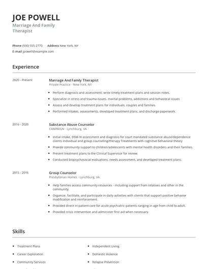 Marriage And Family Therapist Resume