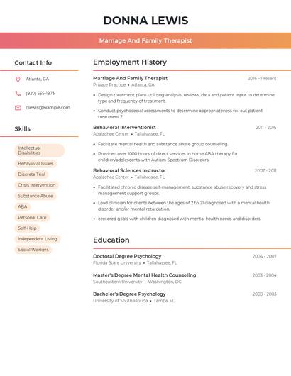 Marriage And Family Therapist Resume