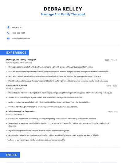 Marriage And Family Therapist Resume