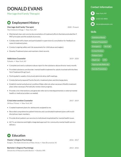 Marriage And Family Therapist Resume