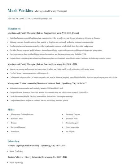 Marriage And Family Therapist Resume