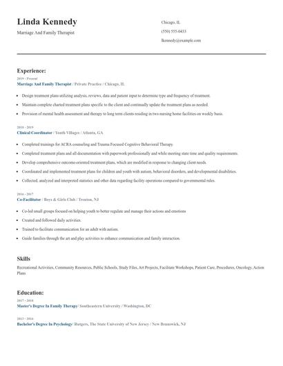 Marriage And Family Therapist Resume