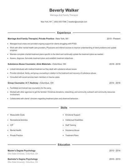 Marriage And Family Therapist Resume