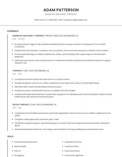 Marriage And Family Therapist Resume