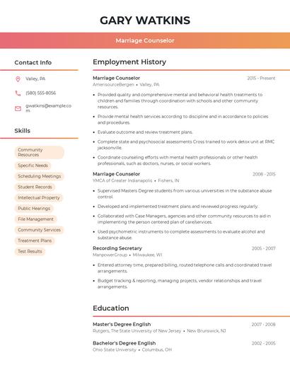 Marriage Counselor Resume