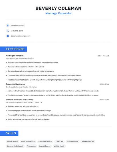 Marriage Counselor Resume