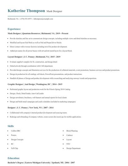 Mask Designer Resume