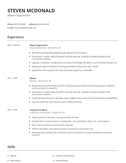 Mason Apprentice Resume
