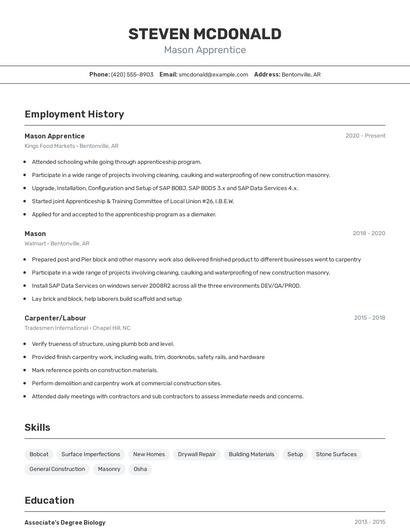 Mason Apprentice Resume