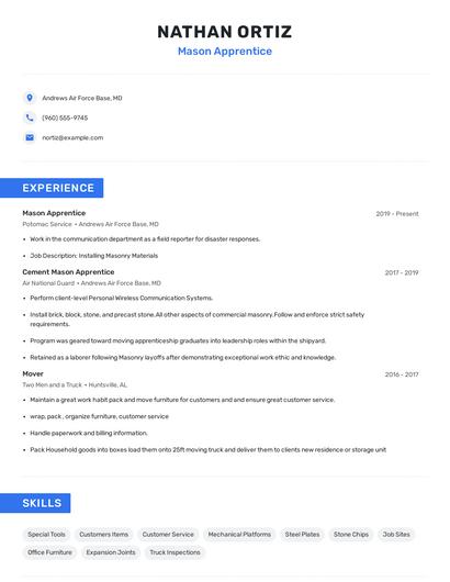 Mason Apprentice Resume