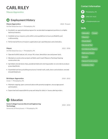 Mason Apprentice Resume