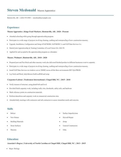 Mason Apprentice Resume