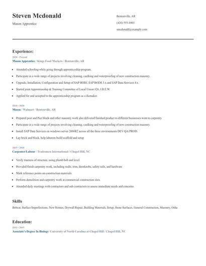 Mason Apprentice Resume