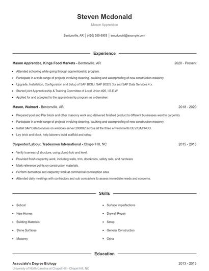 Mason Apprentice Resume