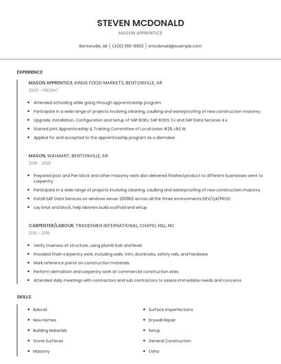 Mason Apprentice Resume