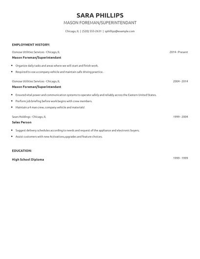 Mason Foreman/Superintendant Resume