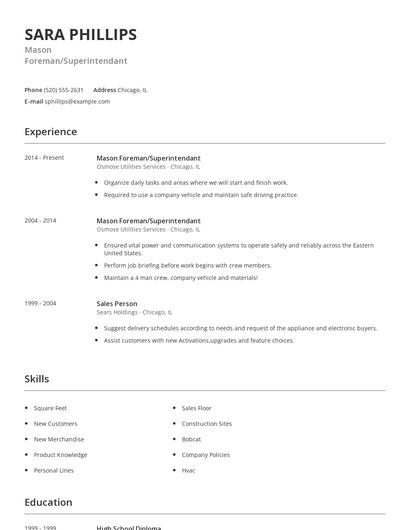 Mason Foreman/Superintendant Resume