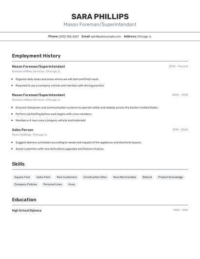 Mason Foreman/Superintendant Resume