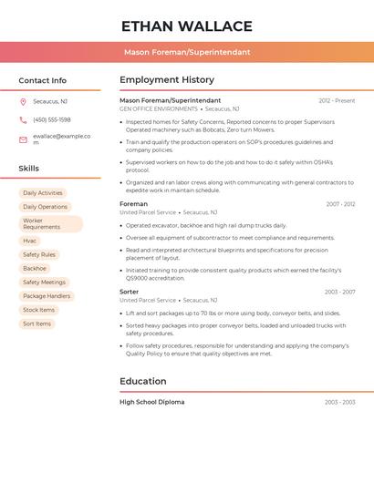 Mason Foreman/Superintendant Resume