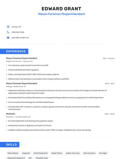 Mason Foreman/Superintendant Resume