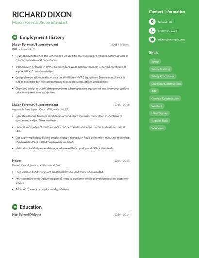 Mason Foreman/Superintendant Resume