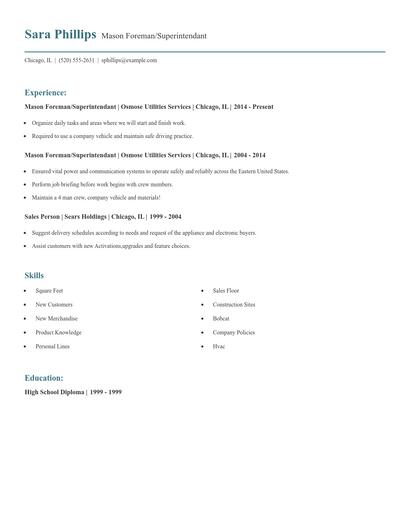 Mason Foreman/Superintendant Resume