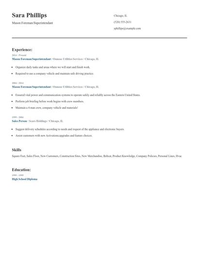 Mason Foreman/Superintendant Resume