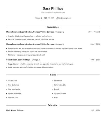 Mason Foreman/Superintendant Resume