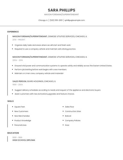 Mason Foreman/Superintendant Resume