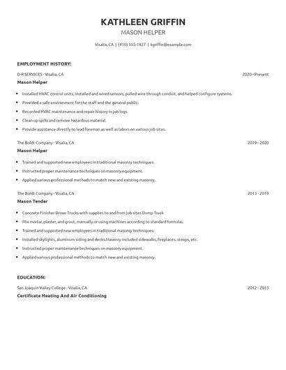 Mason Helper Resume
