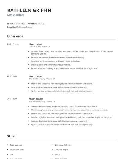 Mason Helper Resume