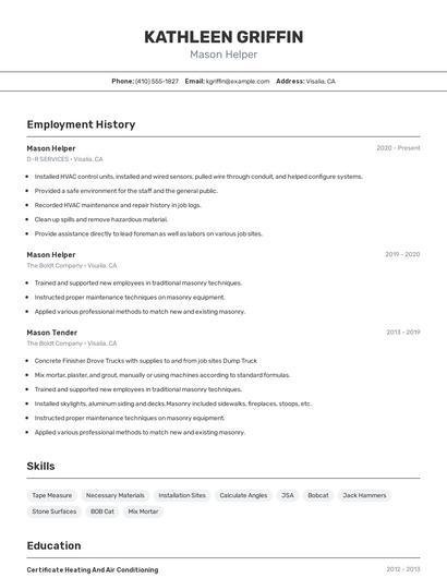 Mason Helper Resume