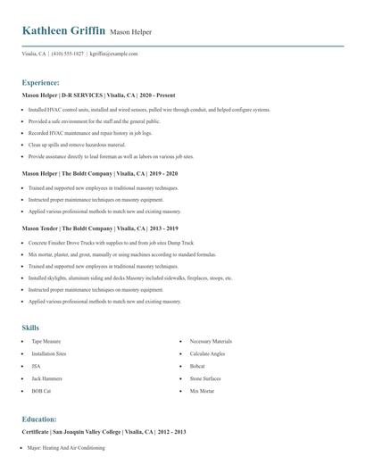 Mason Helper Resume