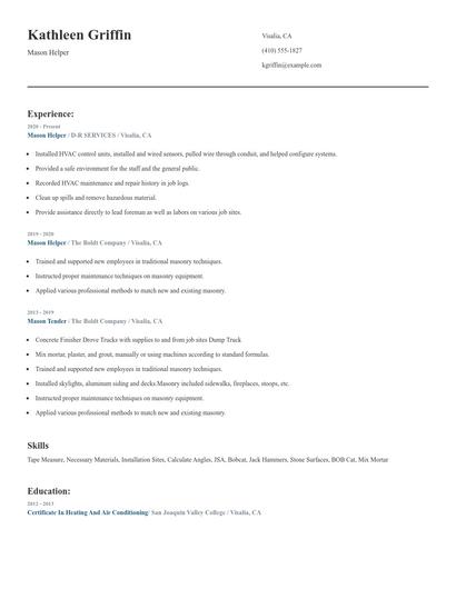 Mason Helper Resume
