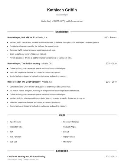 Mason Helper Resume