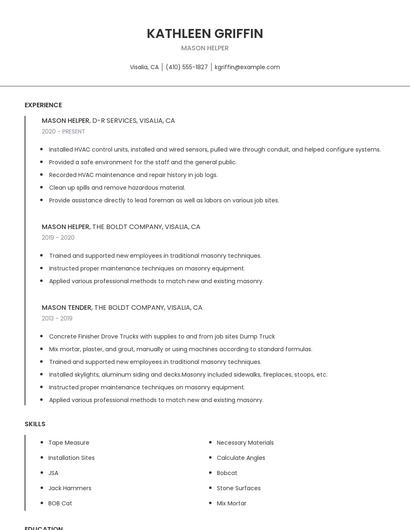 Mason Helper Resume