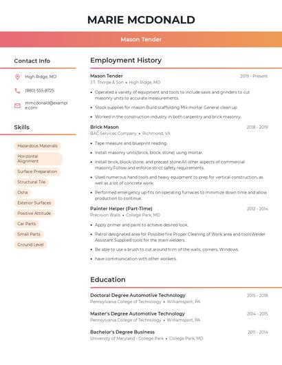 Mason Tender Resume