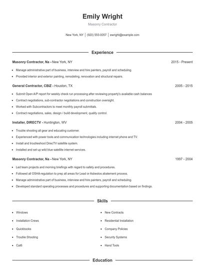 Masonry Contractor Resume