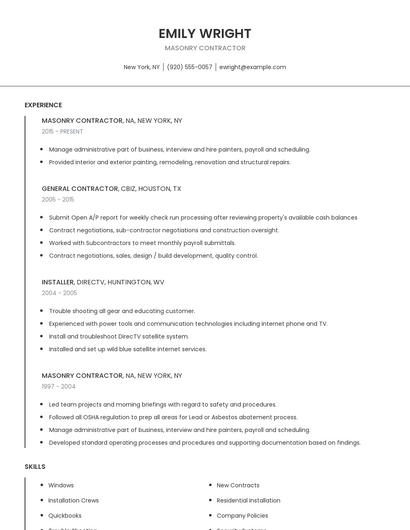 Masonry Contractor Resume